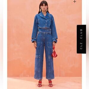 cult gaia georgia blue cut out lapel denim cotton jean jacket coat size large